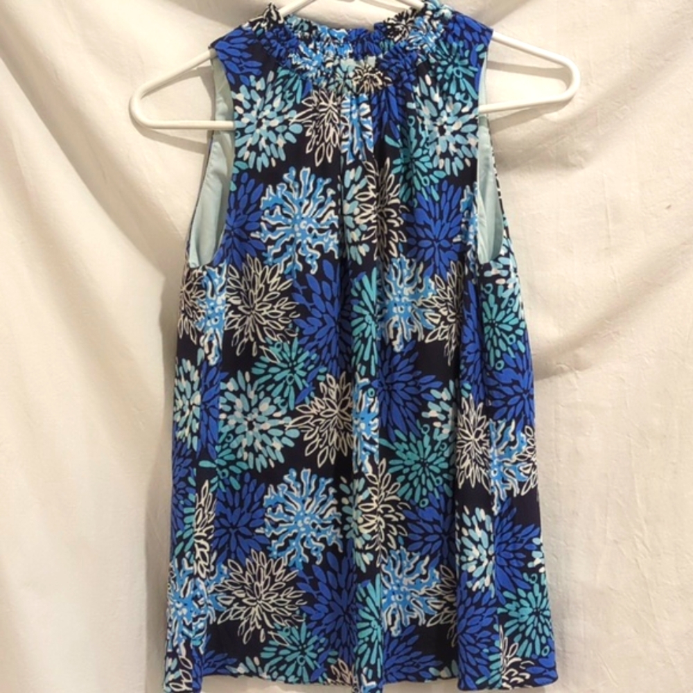 Sail to Sable | Blue Floral Print Elastic Gathered Neck Sleeveless Top | XS
